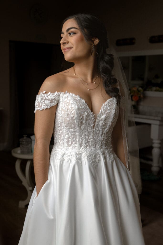 Bride looking over her shoulder